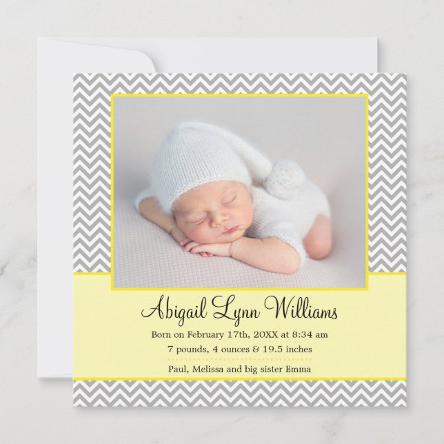 Yellow Gray Chevron Girl Photo Birth Announcement (Front)