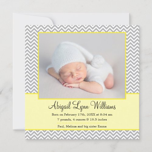 Yellow Gray Chevron Girl Photo Birth Announcement