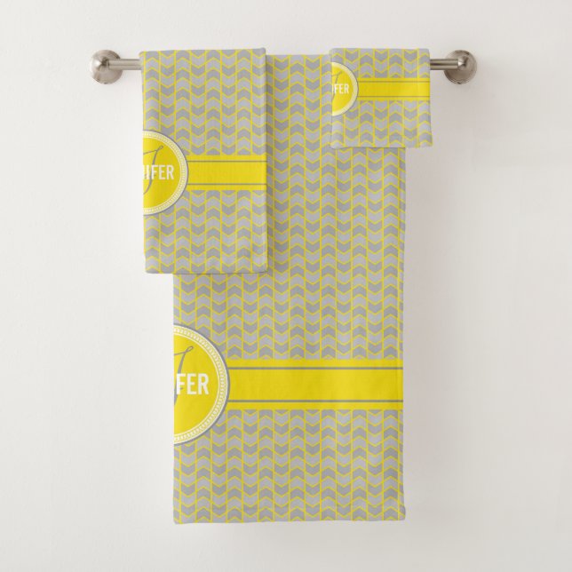 Yellow gray chevron monogrammed name bath towel set (Insitu)