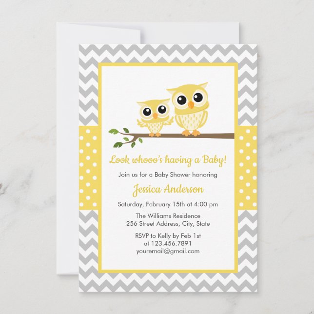 Yellow Gray Chevron Neutral Cute Owl Baby Shower Invitation (Front)
