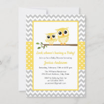 Yellow Gray Chevron Neutral Cute Owl Baby Shower Invitation