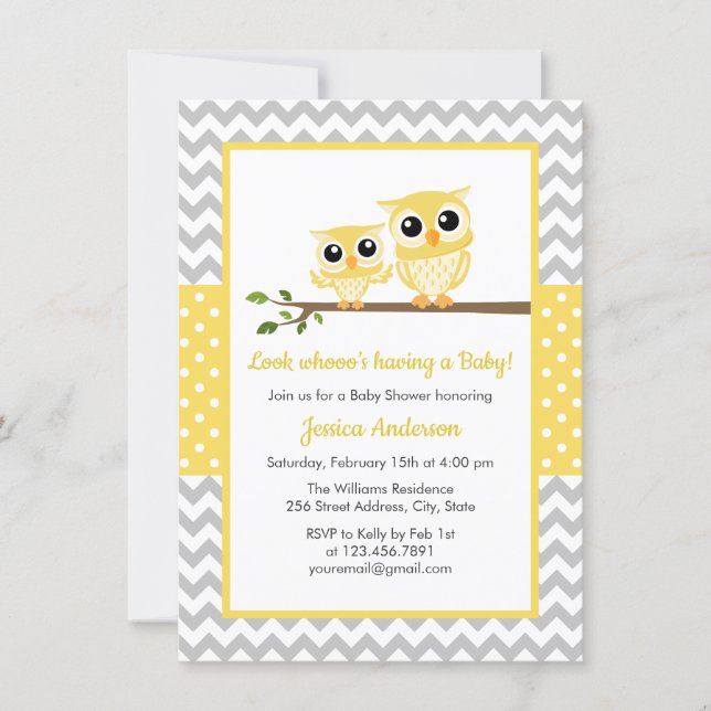Yellow Gray Chevron Neutral Cute Owl Baby Shower Invitation (Front)