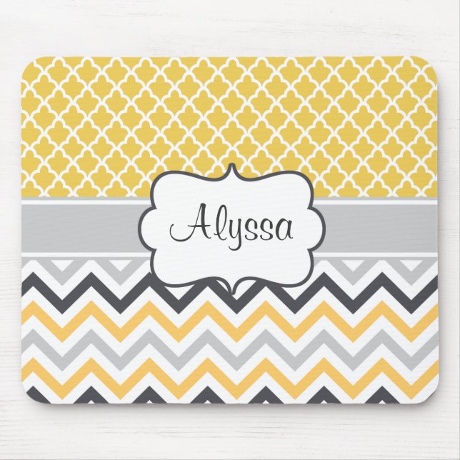 Yellow Gray Chevron Personalized Mousepad (Front)