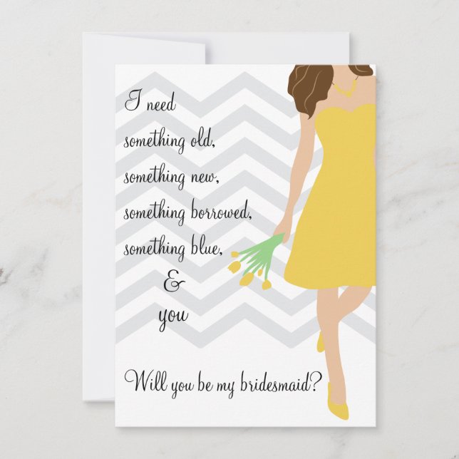 Yellow Gray Chevron Will You Be My Bridesmaid Invitation (Front)