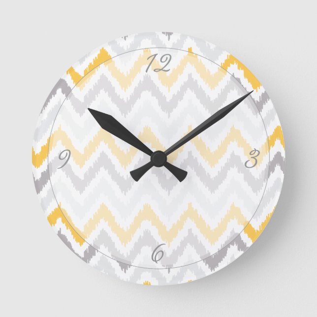 Yellow Gray Chevrons Ikat Pattern Round Clock (Front)