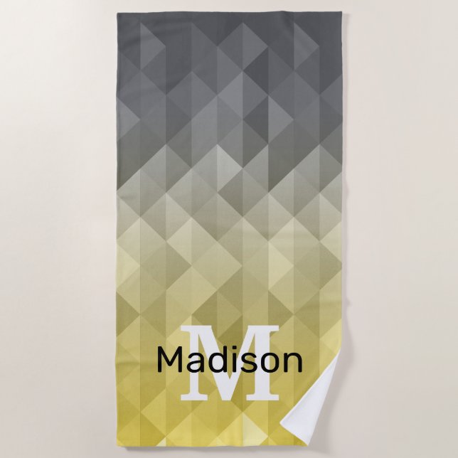 Yellow Gray Cool Ombre Geometric pattern Monogram Beach Towel (Front)