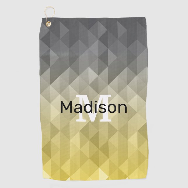 Yellow Gray Cool Ombre Geometric pattern Monogram Golf Towel (Front)