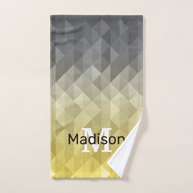 Yellow Gray Cool Ombre Geometric pattern Monogram Hand Towel (Hand Towel)