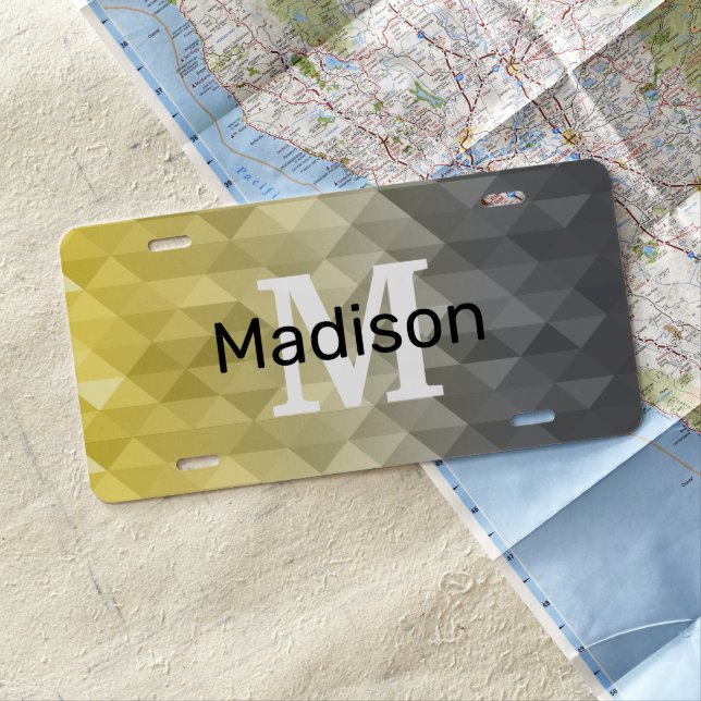 Yellow Gray Cool Ombre Geometric pattern Monogram License Plate (In Situ)