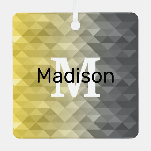 Yellow Gray Cool Ombre Geometric pattern Monogram Metal Ornament (Front)