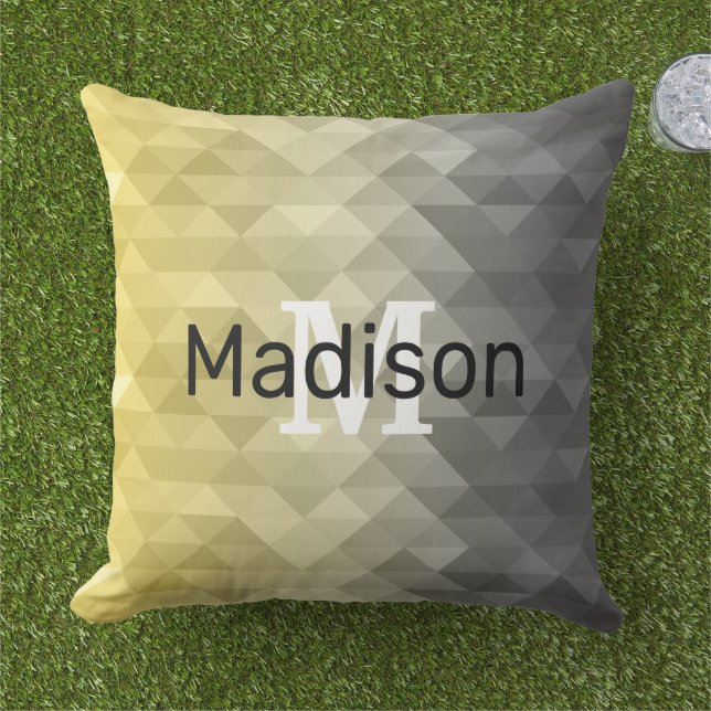 Yellow Gray Cool Ombre Geometric pattern Monogram Outdoor Pillow (Grass)
