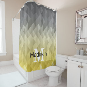 Yellow Gray Cool Ombre Geometric pattern Monogram Shower Curtain