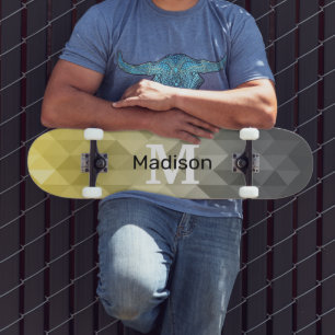 Yellow Gray Cool Ombre Geometric pattern Monogram Skateboard