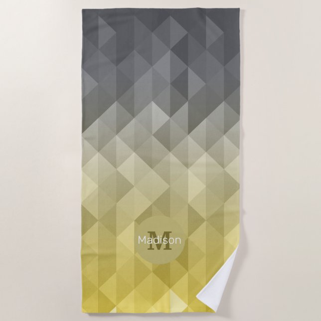 Yellow Gray Cool Ombre Geometric pattern Moonogram Beach Towel (Front)