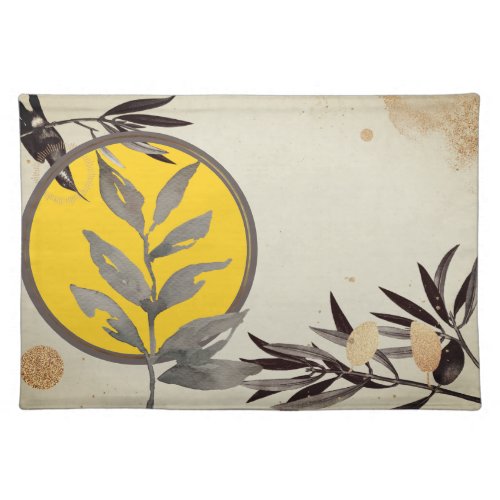 Yellow Gray  Cream Artistic Watercolor Leaves Cloth Placemat