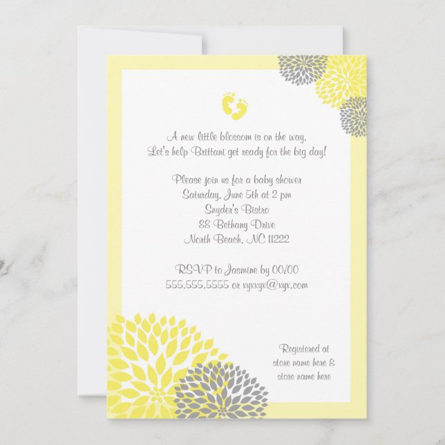 Yellow Gray Dahlia Baby Shower Invite with feet (Front)