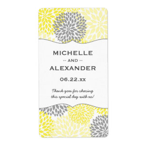 Yellow Gray Dahlia Mums Wedding Wine bottle favor Label