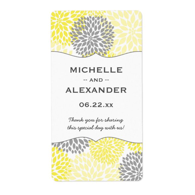 Yellow Gray Dahlia Mums Wedding Wine bottle favor Label (Front)