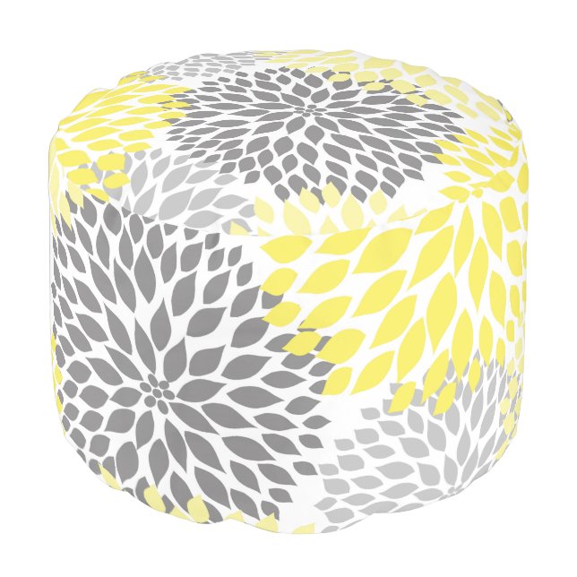 Yellow Gray Dahlias pouf extra seating or accent (Angled Front)