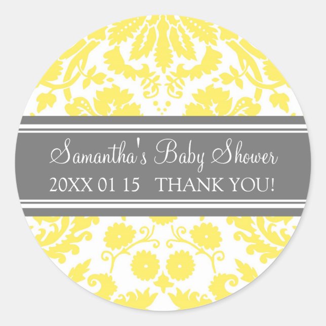 Yellow Gray Damask Baby Shower Favor Stickers (Front)