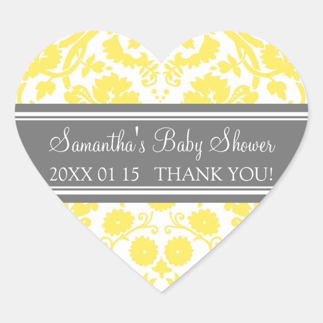 Yellow Gray Damask Baby Shower Favor Stickers (Front)