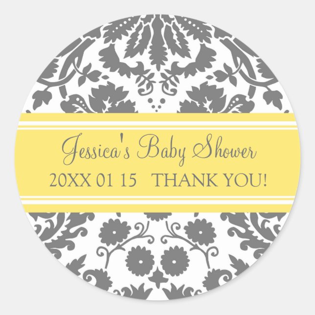 Yellow Gray Damask Baby Shower Favor Stickers (Front)
