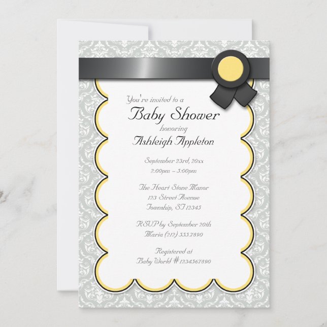 Yellow & Gray Damask Baby Shower Invitations (Front)