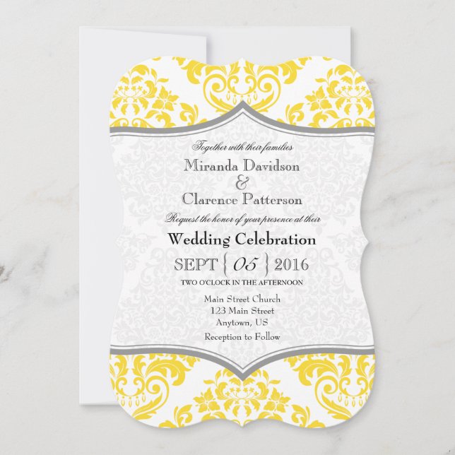 Yellow Gray Damask Bracket Wedding Invite (Front)