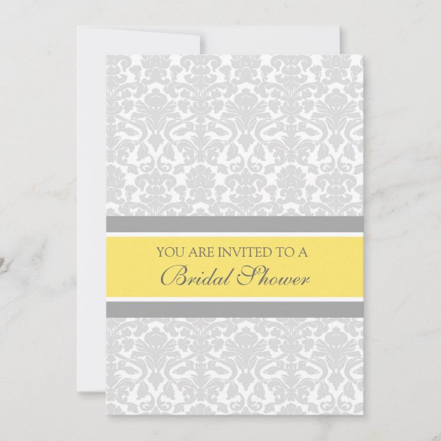 Yellow Gray Damask Bridal Shower Invitation Cards (Front)