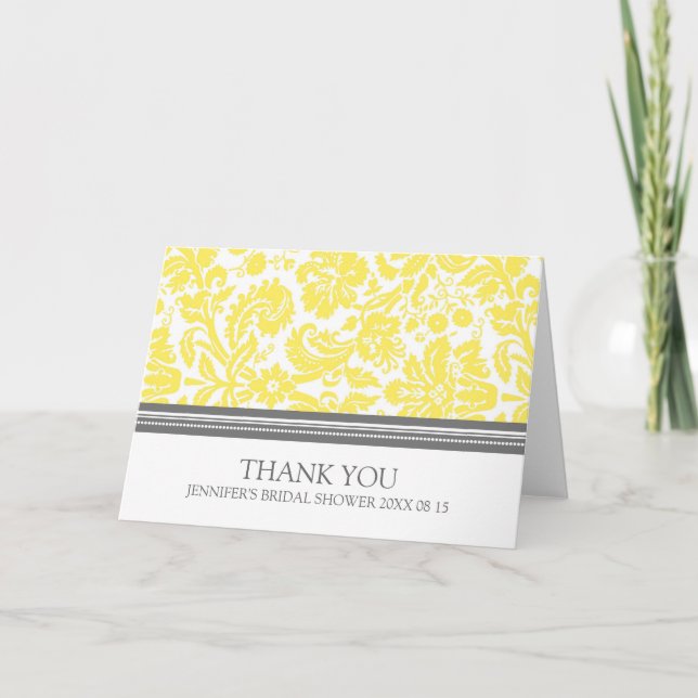 Yellow Gray Damask Bridal Shower Thank You Card (Front)