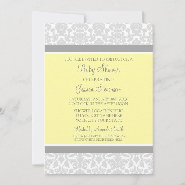 Yellow Gray Damask Custom Baby Shower Invitations (Back)