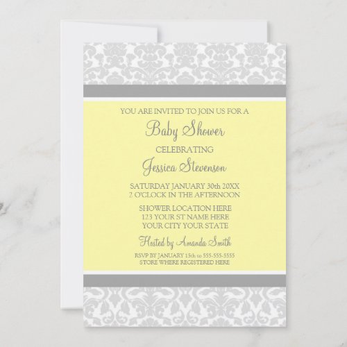 Yellow Gray Damask Custom Baby Shower Invitations