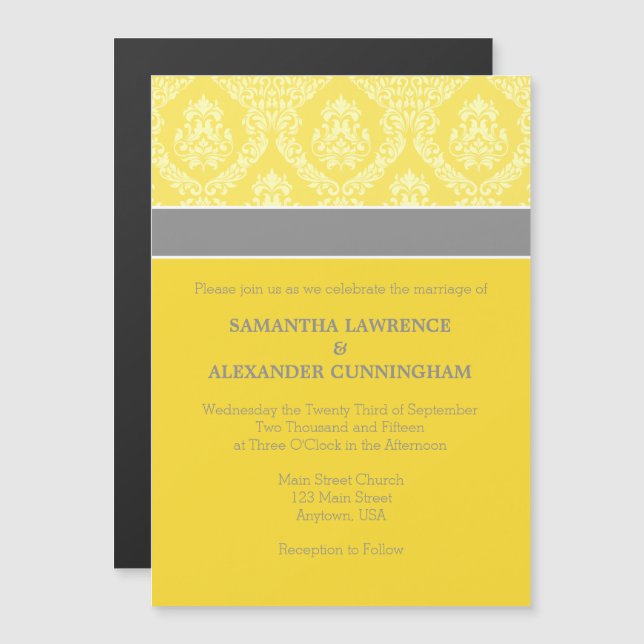 Yellow Gray Damask Magnetic Wedding Invitation (Front/Back)