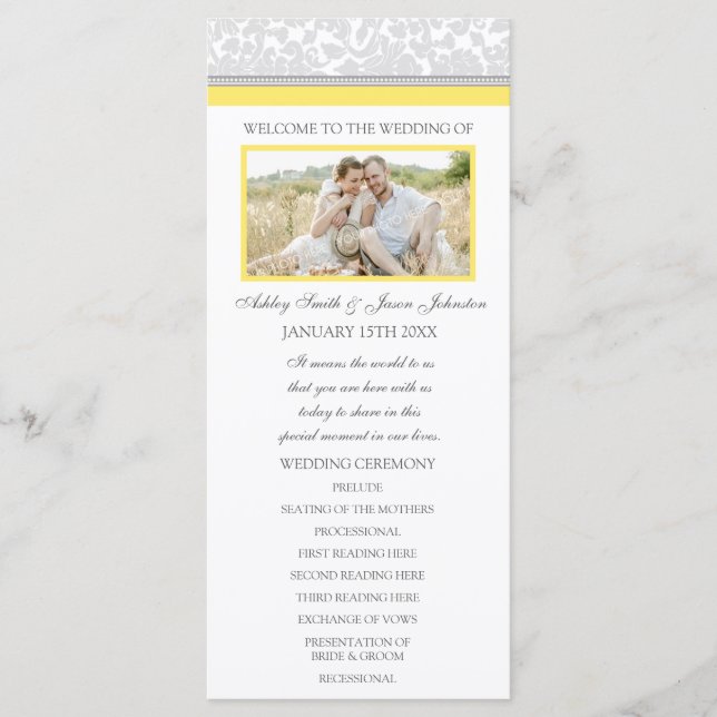 Yellow Gray Damask Photo Wedding Program (Front)