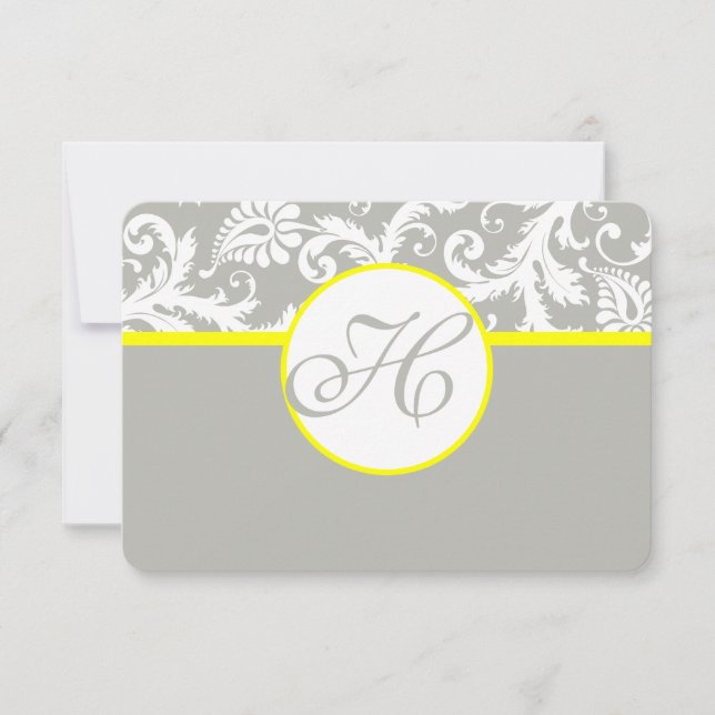 Yellow & Gray Damask RSVP Card- Silver Cloud (Front)