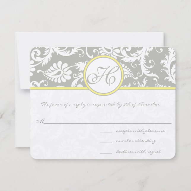 Yellow & Gray Damask RSVP Card- Silver Cloud Card (Back)
