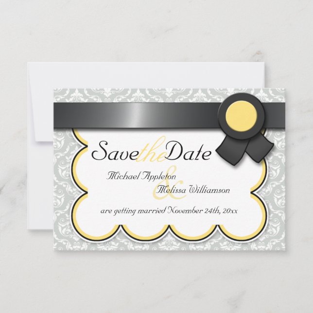 Yellow & Gray Damask Save the Date Announcements (Front)