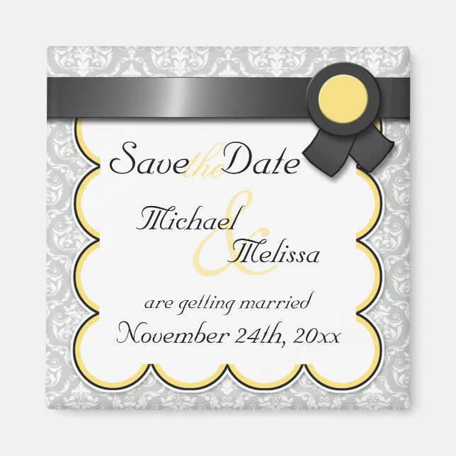 Yellow & Gray Damask Save the Date Magnet (Front)