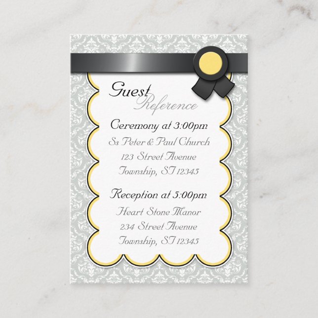 Yellow & Gray Damask Wedding Guest Reference Cards (Front)