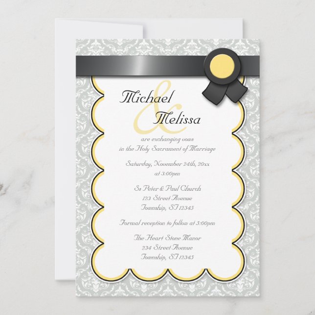 Yellow & Gray Damask Wedding Invitations (Front)