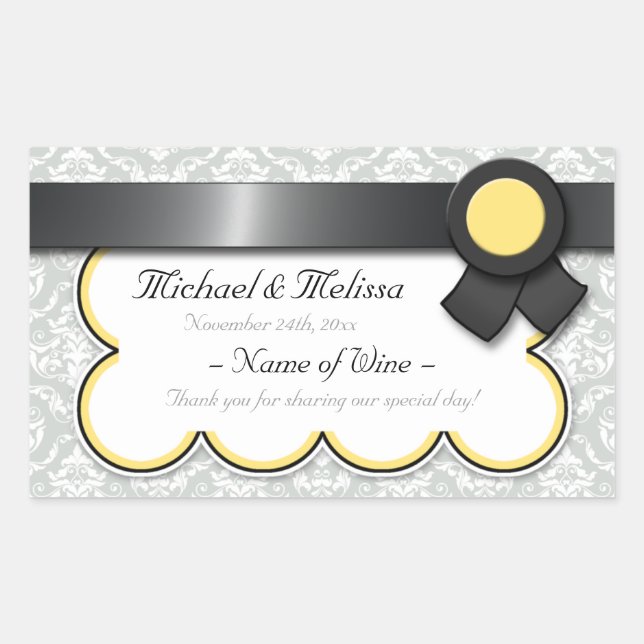 Yellow & Gray Damask Wedding Wine Bottle Labels (Front)