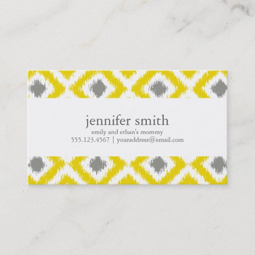Customizable Yellow Gray Diamonds Ikat Pattern Business Card Template