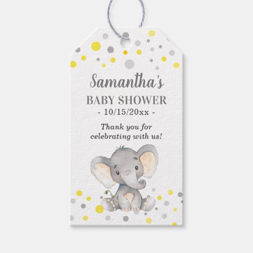 Yellow Gray Dots Elephant Baby Shower Guest Favor Gift Tags