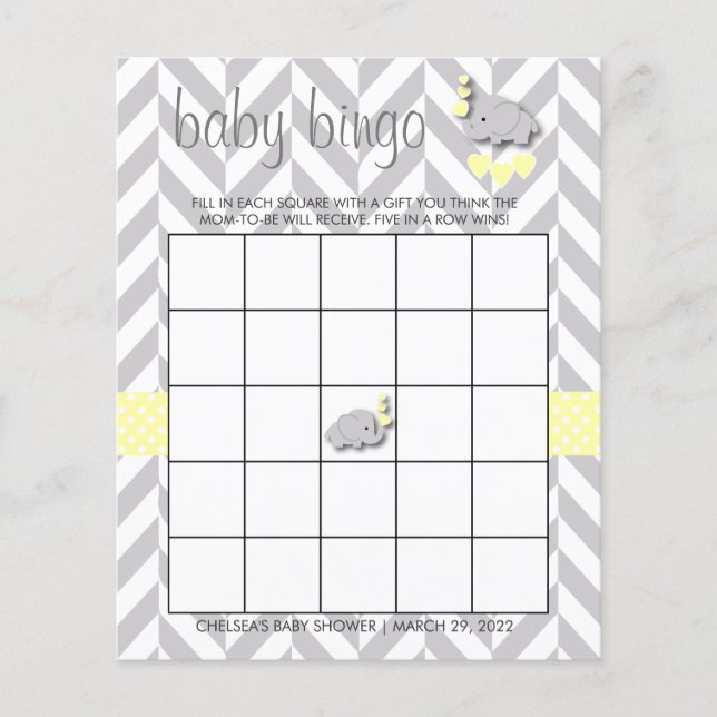 Yellow & Gray Elephant Baby Shower - Bingo Flyer (Front)