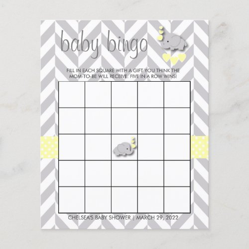 Yellow  Gray Elephant Baby Shower _ Bingo Flyer