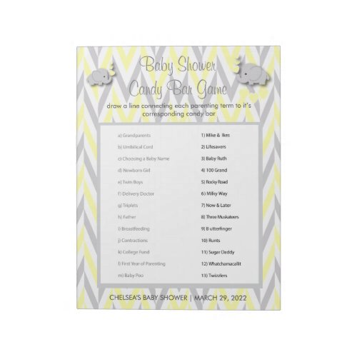 Yellow  Gray Elephant Baby Shower Candy Game Notepad