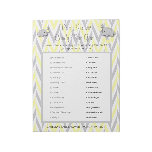 Yellow & Gray Elephant Baby Shower Candy Game Notepad (Rotated)