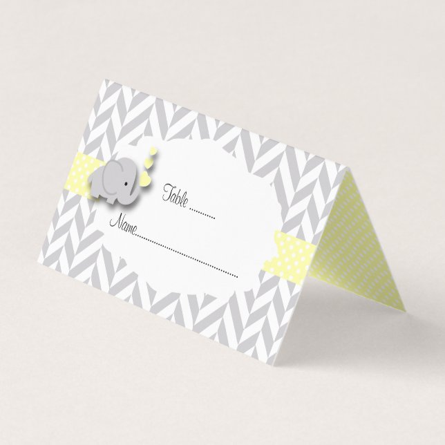 Yellow & Gray Elephant Baby Shower | Place Cards (Front)
