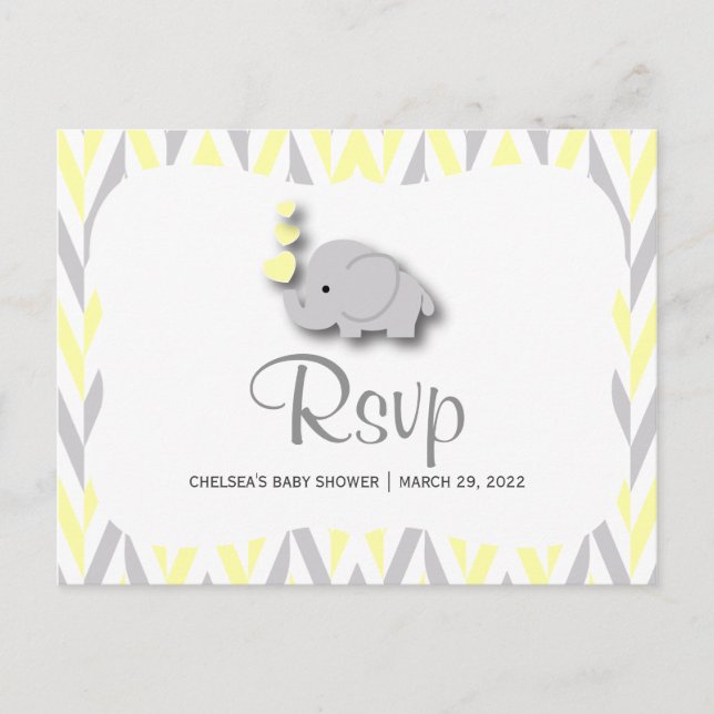 Yellow & Gray Elephant Baby Shower - RSVP 2 Invitation Postcard (Front)