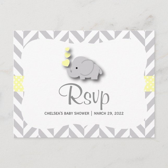 Yellow & Gray Elephant Baby Shower - RSVP Invitation Postcard (Front)